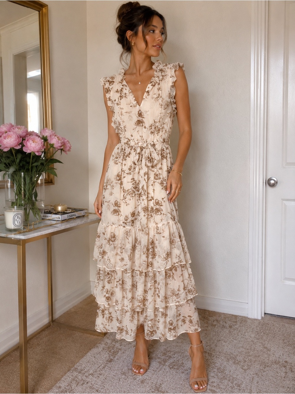 Cream Floral Tiered Maxi Dress Belted